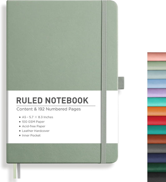 RETTACY Lined Journal Notebook, 192 Numbered Pages, A5 Medium Size (5.7'' x 8.3''), for Men & Women, Journaling, Writing, Work & Office, Leather Hardcover, 100 GSM Thick Paper (Sage Green)