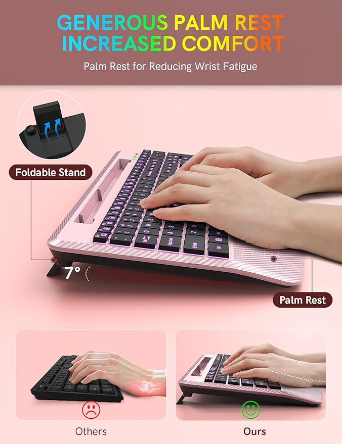 Wireless Keyboard with 7 Colored Backlits Wrist Rest, Phone Holder, Rechargeable Ergonomic Computer Keyboard with Silent Key, Full Size Lighted Keyboard for Windows, Mac, PC, Laptop (Rose gold)