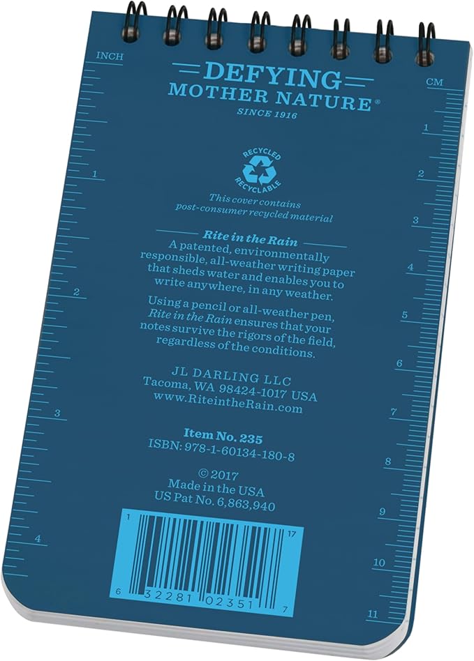 Rite in the Rain Weatherproof Top Spiral Notebook, 3" x 5", Blue Cover, Universal Pattern, 3 Pack (No. 235-3X)