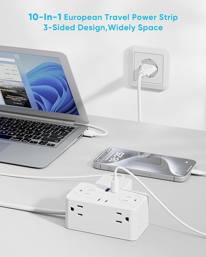 European Travel Plug Adapter, EU/UK/US Travel Plug Adapter Power Strip, 6 AC Outlets, 4 USB Ports (2 USB C), 3ft Wrapped Around Extension Cord, Universal Travel Adapter