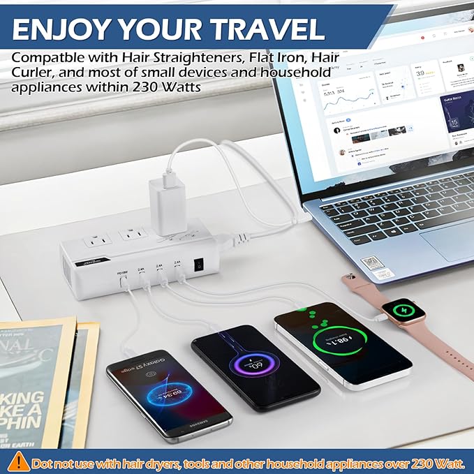 230W Voltage Converter 220V to 110V for Hair Straightener/Curling Iron, Travel Plug Adapter for EU/UK/AU/US/in/IT Power Converter Adapter Combo