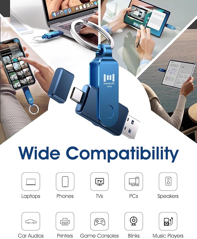 MOSDART 128GB Dual USB C Flash Drive, Speed Up to 150MB/S Type C 3.1 Thumb Drive with Keychain and LED Indicator, for iPhone 15 and 16, Android Phone, iPad, MacBook, and Laptops, Navy Blue