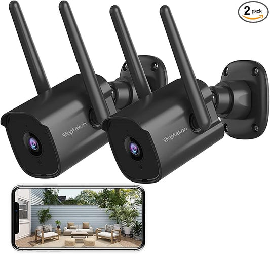 Septekon Security Camera Outdoor 2 Pack, 2.4G Wired WiFi Cameras for Home Security, 2K Surveillance Cameras with Motion Detection and Siren, 2-Way Audio, Night Vision, IP66 Waterproof, Black
