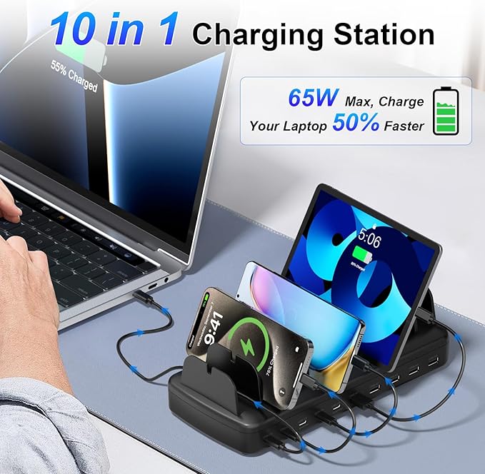 260W Cell Phone Charging Station for Multiple Devices, 10-Port USB C Fast Charger Hub for MacBook, iPhone, Android, iPad, Tablet, Kindle, Family Multi-Device Organizer Charging Dock, White (Black)