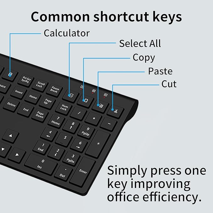 Wireless Keyboard and Mouse Combo, Silent Full-Size Computer Keyboard with Calculator Button, 2400 DPI Mice, Quiet Click, Slim Cordless USB Set for Laptop PC Windows Mac - Black