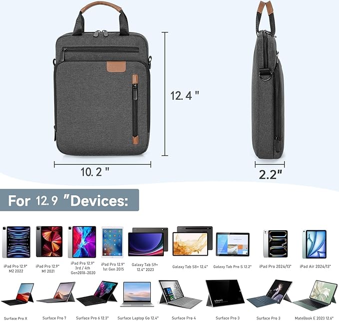 12.9 Inch Tablet Sleeve Bag, Padded Protective Carrying Case for iPad Pro M4 & Air M2 2024, Samsung Galaxy Tab S9 FE+/S9+/S8+/S7 FE/S7+ 12.4" 2022/2023, Surface Laptop Go 12.4", Grey