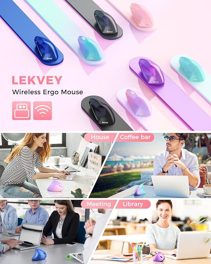Lekvey Ergonomic Mouse, Vertical Wireless Mouse, Rechargeable 2.4 GHz USB Optical Carpal Tunnel Mice : 800/1200 / 1600 DPI, 6 Buttons, for Laptop, PC, Computer, Desktop, Notebook etc, Pink