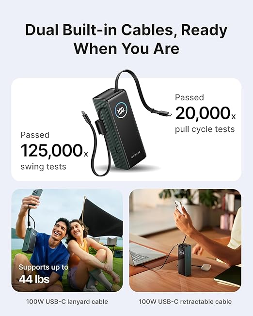 EF ECOFLOW Rapid Power Bank, 25,000mAh, 170W, 100W Built-in and Retractable Cables, Portable Charger with Triple 100W USB-C Port, Compatible with iPhone 17/16/15/14, Samsung, Laptop and More, Green