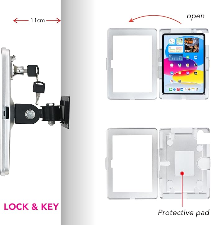 on Wall Mount Bracket for 2025 iPad 11"(A16) 11th / 2022 iPad 10.9" 10th Gen.,Excluding Other 10.9"/ 11",with Anti Theft Lock & Key,Rotate Arbitrary Adjustment Angle,Metal,(Silver)