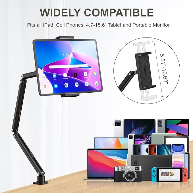 Tablet Stand Holder, Adjustable Foldable iPad Desk Mount Arm with 360°Rotate Base, Tablet Holder with Clamp iPad Stand for Desk, Compatible with Tablets, Phones or Other 4.7-15.6" Device
