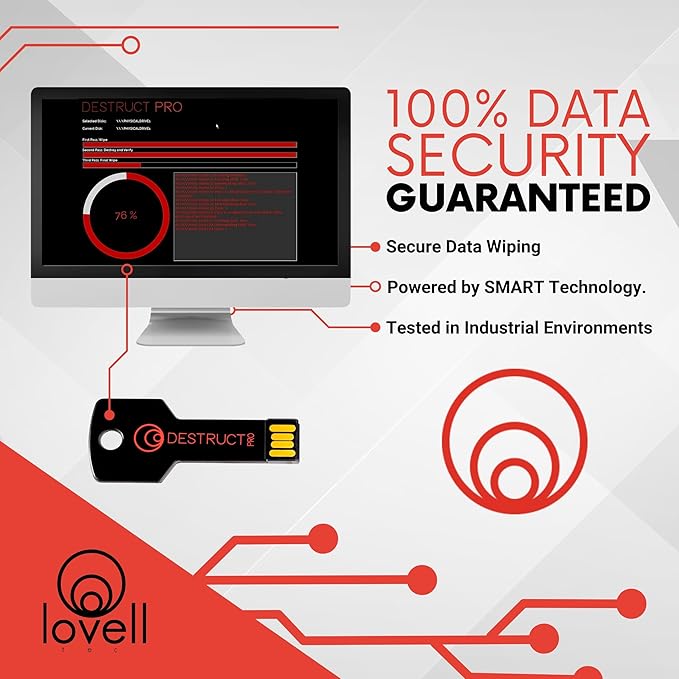 Lovell DESTRUCT PRO - USB Hard Drive Eraser & Data Destruction Tool - 3 Phase Crytopgraphic Wipe - Super Fast SMART Technology - Multi-Drive Compatibility - Works With HDD, SSD, & External Hard Drives