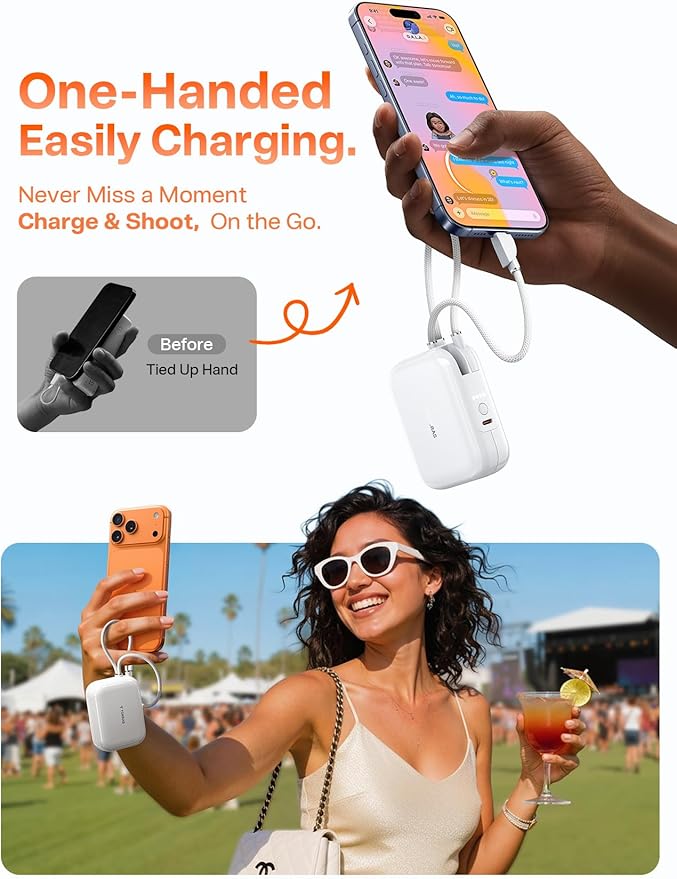 TORRAS 10000mah Portable Charger Power Bank 45W Fast Charging [Daily Use & Travel Essential] Built in Cable USB C, Phone Battery Pack Powerbank for iPhone 17 16 15, Samsung S25, S24, Google Piexl etc