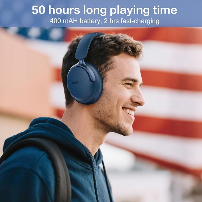RORSOU B8 Bluetooth Headphones Over Ear, 6 EQ Music Modes and 50H Playtime Deep Bass Wireless Headphones with Mic, Lightweight Folding HiFi Stereo Headset for iPad/Travel/Tablet/PC/Home Blue