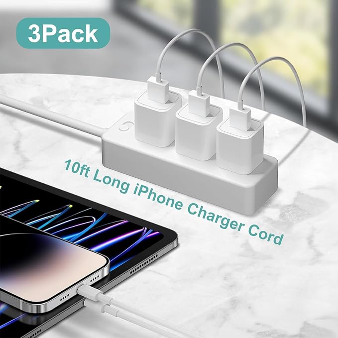 iPhone Charger,[Apple MFi Certified]3 Pack 10ft iPhone Charger Data Sync Transfer Lightning Cable with Travel USB Wall Charger Block Compatible with iPhone 14/13/12/11 Pro/SE/XS/X/XR/8/7/iPad/AirPods