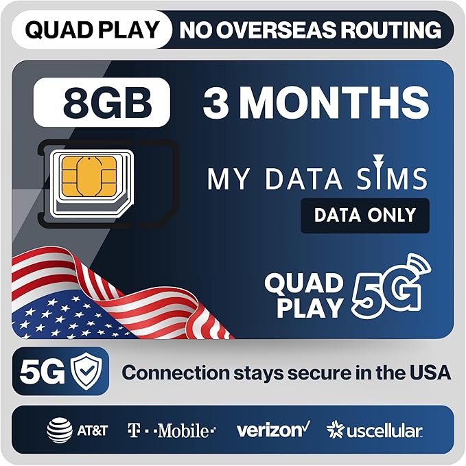 Quad Play 8 GB / 3 Months IoT SIM Card for Unlocked Security, Solar & Hunting Trail Game Cameras, Data Only USA SIM, 4G/5G on AT&T, T-Mobile, Verizon & US Cellular, Triple Cut 3-in-1