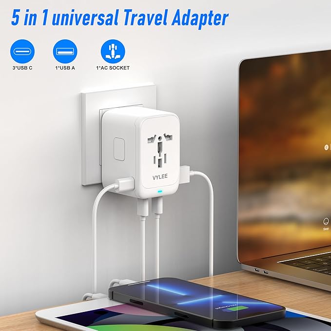 Travel Plug Adapter, 65W Fast GaN Travel Charger, International Plug Adapter with 3 USB-C PD and 1 USB-A QC with US/EU/UK/AU Convenient for iPhone,Samsung,Laptops