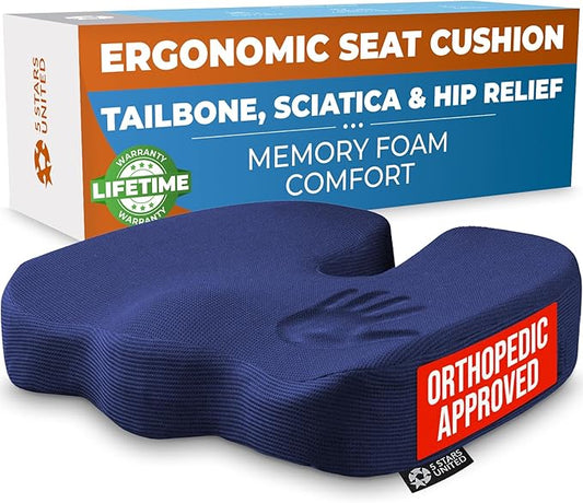5 STARS UNITED Seat Cushion for Tailbone Pain Relief – Memory Foam Lifting Pillow for Coccyx, Hip, Hemorrhoid, Sciatica & Post-Surgery Recovery – Wheelchair, Car, Desk, Gaming & Office Chairs, D Blue