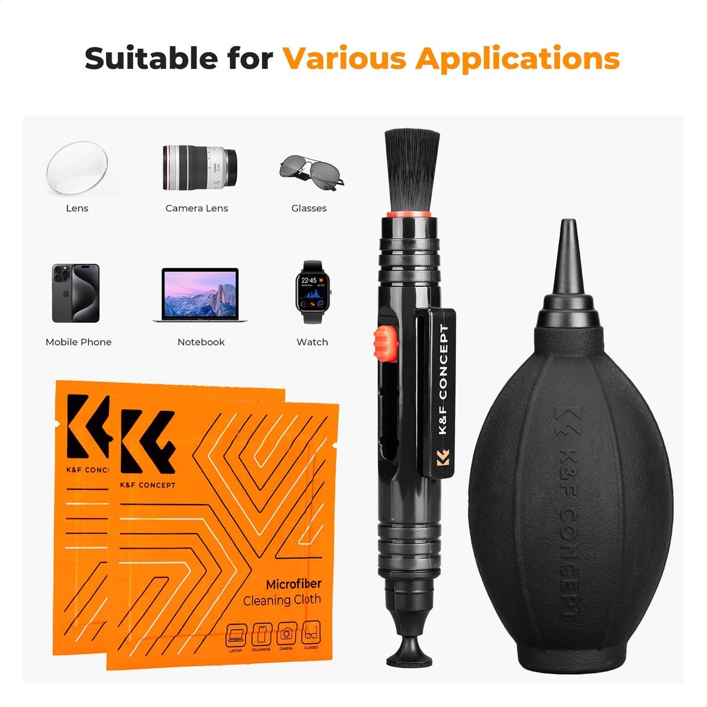 K&F Concept 4-in-1 Camera Cleaning Kit with Lens Brush Pen, Rocket Air Blower, Microfiber Cleaning Cloth, Lens Cleaner Kit for Canon Nikon Pentax Sony DSLR Cameras Cleaning Tool Accessories