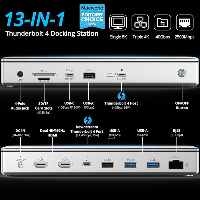 WAVLINK Thunderbolt 4 Hub with Dual HDMI 4K@60Hz,100W Charging, Thunderbolt Certified, 13-in-1 Thunderbolt 4 Dock Dual Monitor Single 8K Output for Windows or Mac, 4X USB, 2.5G Ethernet,SD/MicroSD