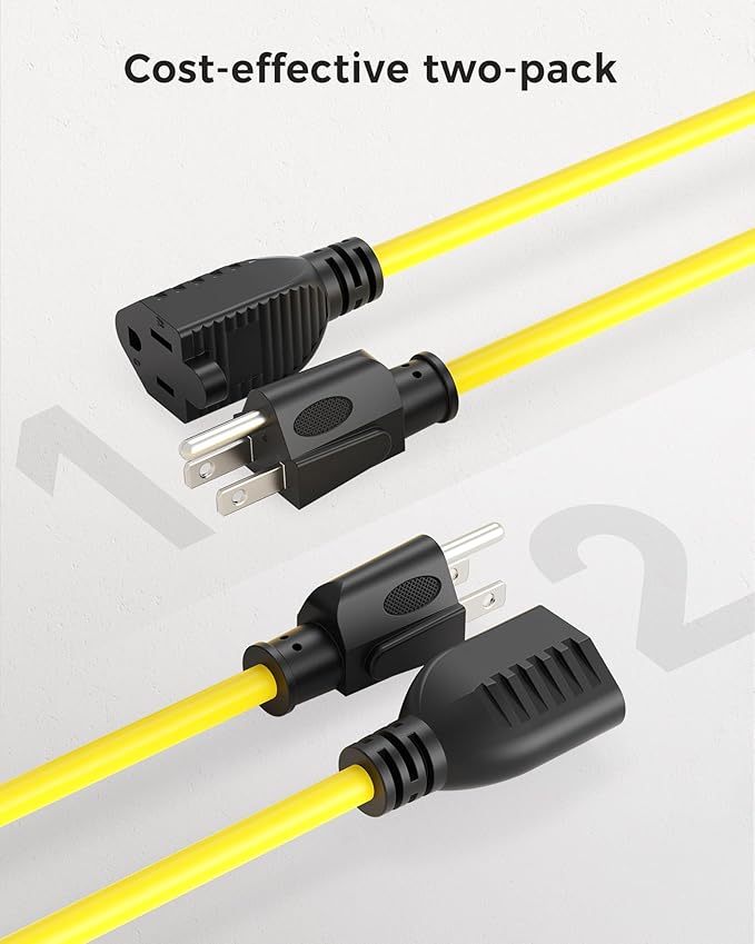 [UL Listed] Cable Matters 2-Pack 16 AWG Heavy Duty 13A Power Extension Cord - 10ft, 3 Prong Power Cord Extension, NEMA 5-15P to NEMA 5-15R, Yellow