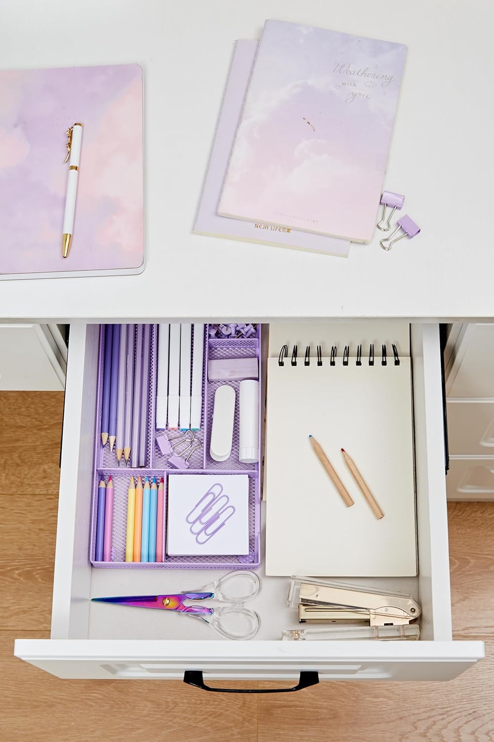 Annova Desk Drawer Organizer Tray for Office Organization - Metal Mesh - Storage Tray with Dividers for Pens, Desktop Accessories, Bathroom, Kitchen, Makeup and Office Supplies (Small, Purple)