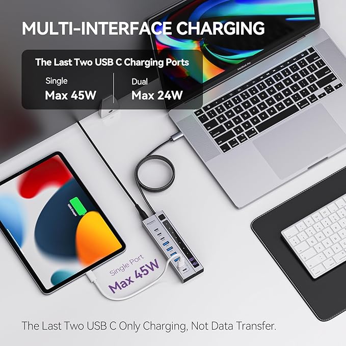 Minisopuru Powered USB C Hub – Support Max 45W Charging with 72W Power Adapter, 10Gbps Data Transfer, USB-C Powered Hub for Laptop, MacBook,iPad (Not for Monitor)