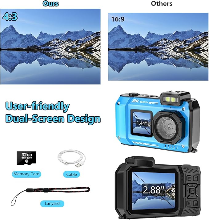 UHD 8K Underwater Camera, 70MP 33FT WiFi Waterproof Digital Camera with 64GB Card, Auto Focus Waterproof Dual-Screen Selfie 2500mAh Battery, 16X Floatable Digital for Snorkeling, Blue