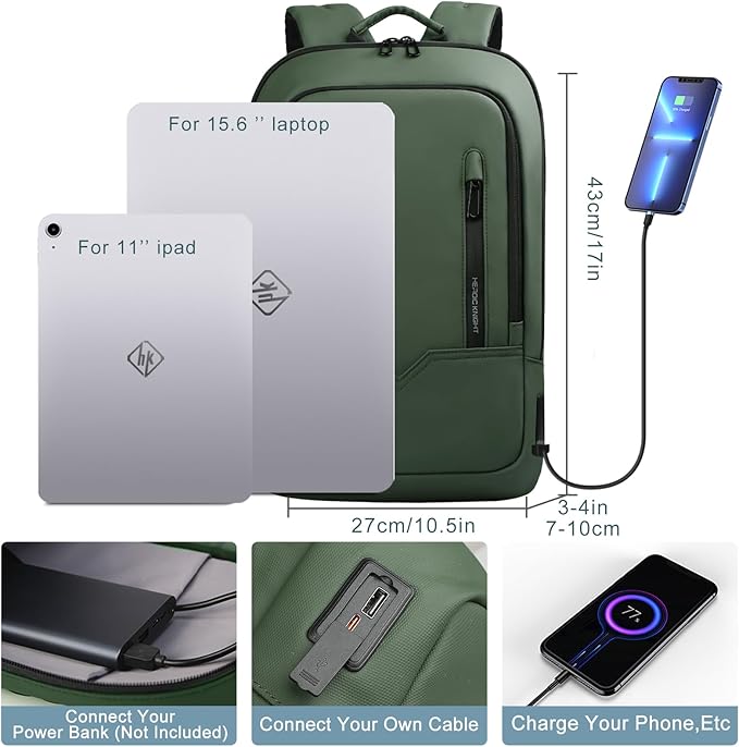 hk Backpack for Men Business Slim Backpack with USB Charger Computer Lightweight Anti-theft Travel (Green, 15.6 Inch)