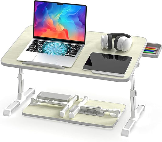 Slendor Laptop Desk Adjustable Laptop Stand Foldable Bed Table Portable Lap Desk Folding Notebook Stand Reading and Writing Holder Breakfast Tray with Drawer and Cooling Fan for Bed Couch Sofa Floor