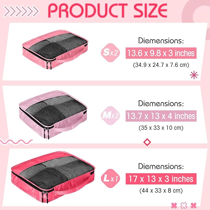 5 Pcs Packing Cubes for Suitcase Large Travel Cubes Carry on Luggage Organizer Bags for Clothes Accessories(Mixed,Pink)