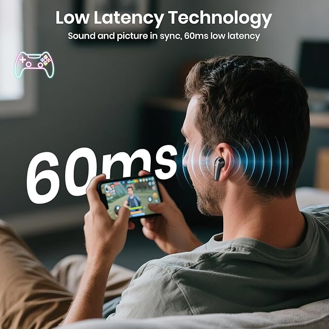 Wireless Earbuds Bluetooth 5.4 Light Weight in Ear Earphones 10mm Drivers with Powerful Bass IPX5 Waterproof Headphones 60H Long Playtime Bluetooth Headphones ANC ENC Noise Cancelling Black