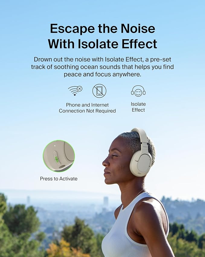 Belkin SoundForm Isolate Bluetooth Over-Ear Headphones - Hybrid Active Noise Cancelling Headphones - Wireless w/ 60H Playtime, Fast Charging & CloudCushion Ear Cups for Travel, Home, or Office - Sand
