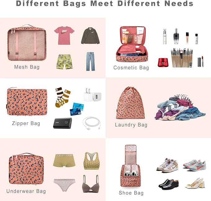 BAGAIL 8 Set Packing Cubes Luggage Packing Organizers for Travel Accessories-Pink Leopard