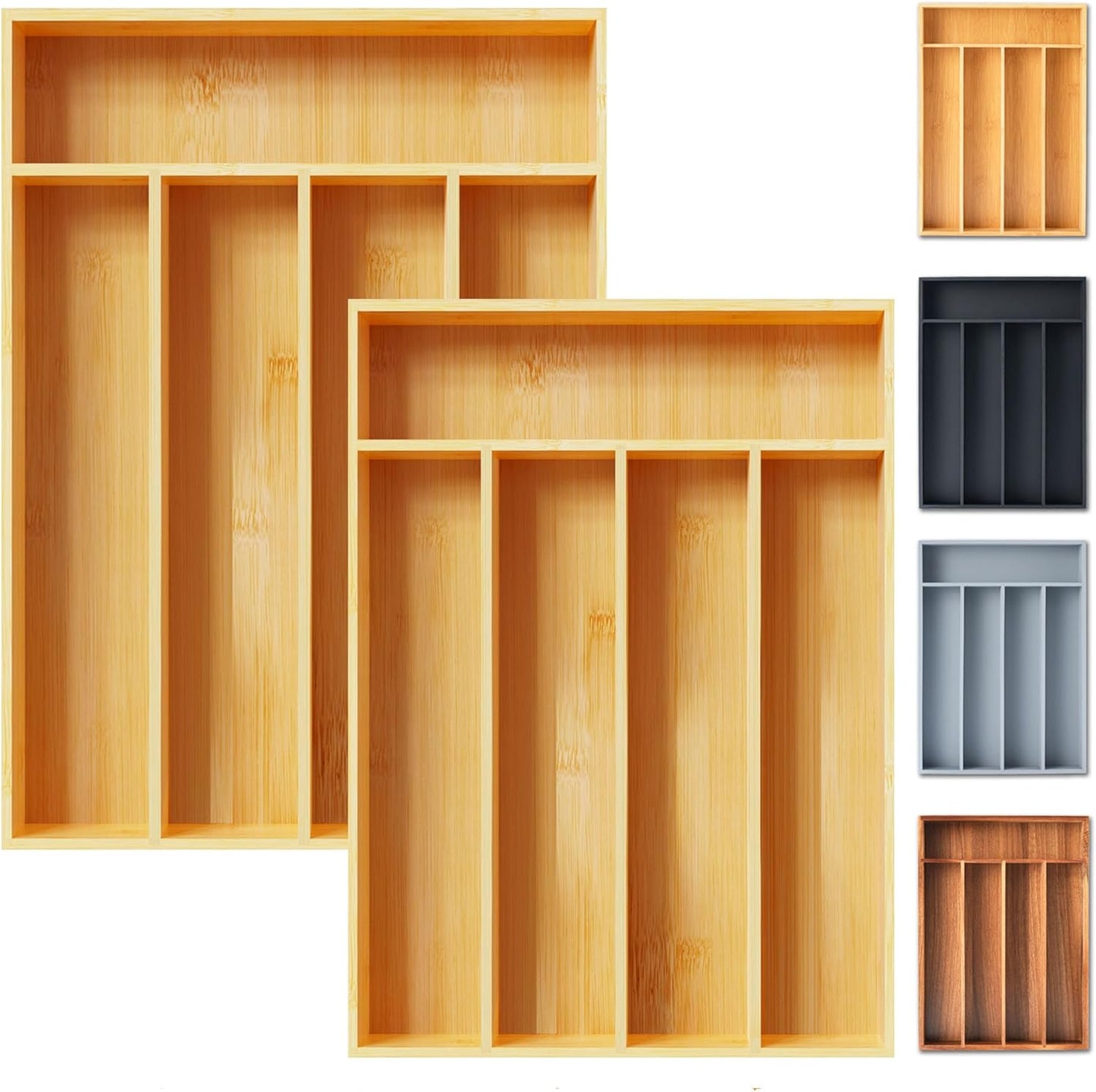 Silverware Organizer, 2 Pack 10 Inch Utensil Organizer Kitchen Drawer Organizer Bamboo Silverware Holder Cutlery Tray Organizer in Drawer Flatware Organizer Tray(5 slots, Natural）
