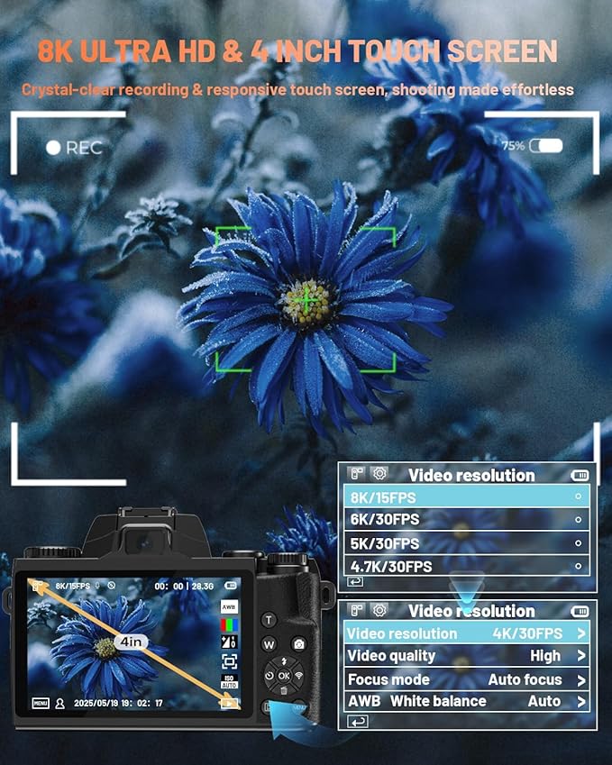 8K 64MP Digital Camera for Photography, Vlogging Camera with Autofocus, WiFi, 4Inch Touchscreen, 16X Digital Zoom, 3000mAh Battery, Dual-Lens, Lens Hood, 32GB TF Card and Flash,Black