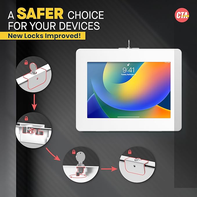 Locking iPad Wall Mount - CTA Anti-Theft Large Locking Tablet Enclosure w/ Key Lock and Interior Cable Routing for iPad Pro 12.9", Surface Pro 3, 4, 5, 6, 7, 8, X - White - (PAD-PLWW)
