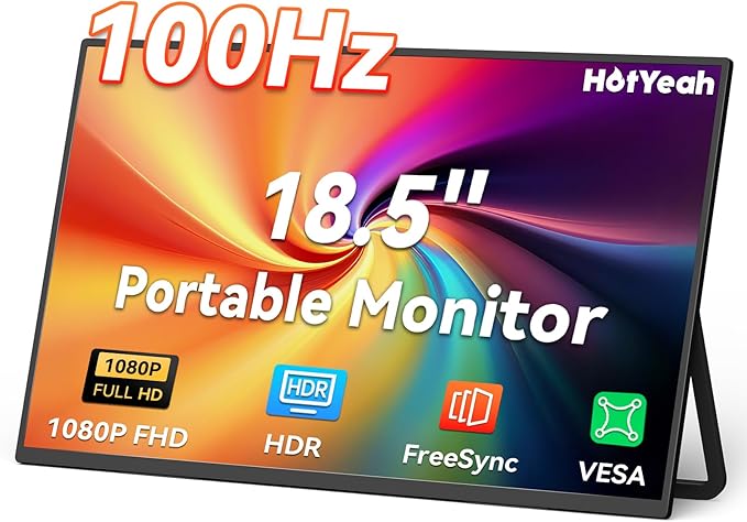 HotYeah Portable Monitor, 18.5" 1080P 100Hz 125% sRGB Laptop Monitor USB-C HDMI External Computer Display HDR FreeSync w/Kickstand & Speaker, 2nd Screen for Laptop PC Mac Phone Tablet Switch PS5 Xbox