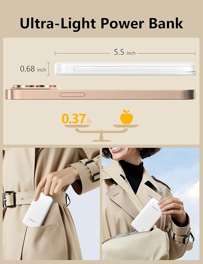 Alongza Portable Charger Built-in Cables and AC Wall Plug, Slim Fast Charging Power Bank 10000mAh, Lightweight USB C External Battery Pack Compact Travel Cell Phone Charger