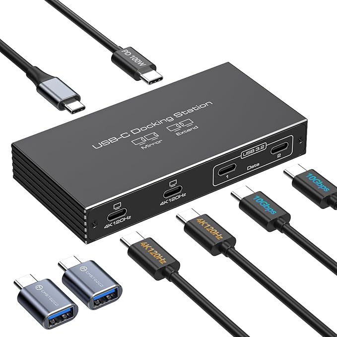 4K120Hz USB C Splitter Dual Monitor Adapter Thunderbolt Splitter 6-in-1 USB C Hub with DP Alt Mode Video Output, 10Gbps Data Transfer 100W PD Charging for Laptop Portable Monitor, with 1 Type C Cable
