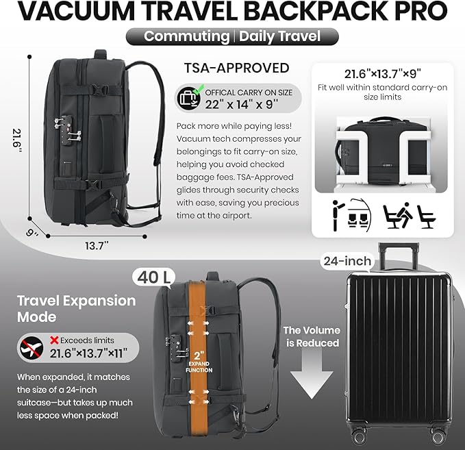 Fanwoli Vacuum Rolling Travel Backpack, Carry On Luggage with TSA Lock & Anti Theft Zipper, 70L Expandable Airback with Compression Pump, Waterproof Laptop Bag Ideal for Flight & Business,Black