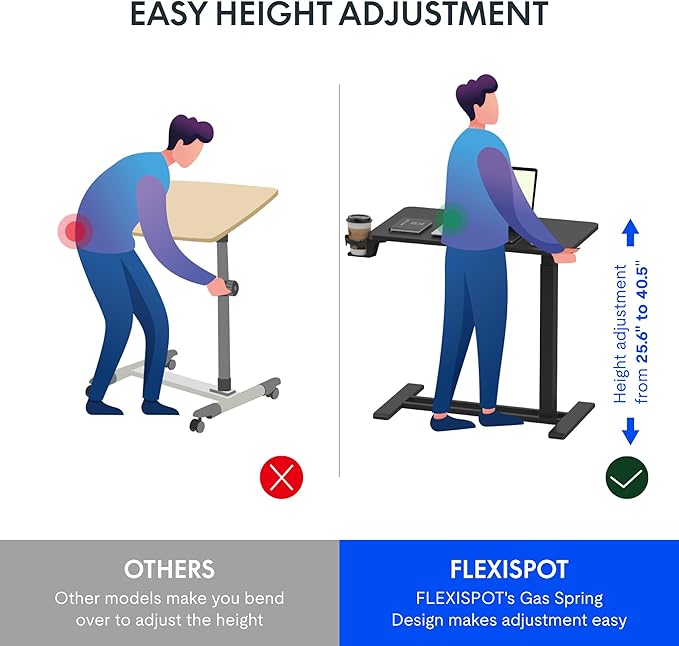 FLEXISPOT H7 Adjustable Overbed Bedside Table with Wheels Pneumatic Mobile Standing Desk Laptop Desk Rolling Computer Cart Movable Overbed Tables Hospital Home Use(27.6" W x 15.7" D, Black Table)