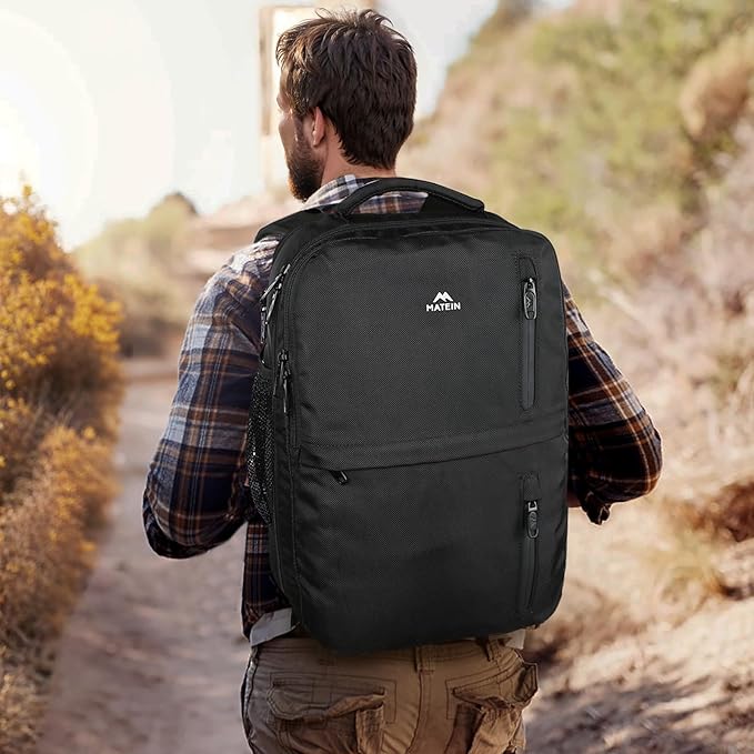 MATEIN Travel Laptop Backpack, Flight Approved Carry on Backpack with USB Port & Shoe Compartment, Large Personal Item Bag Fits 15.6 inch Laptop, Water Resistant Luggage Overnight Weekender Bag, Black