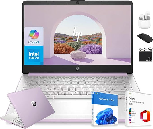 HP 14” Flagship Laptop 2025 AI-Powered Computer, Office Lifetime, Student Business, 4-Core Intel CPU, 16GB RAM 628GB Storage (128GB UFS+ 500GB Ext), Long Battery HubxcelAccessory Win 11 Pro Lavender