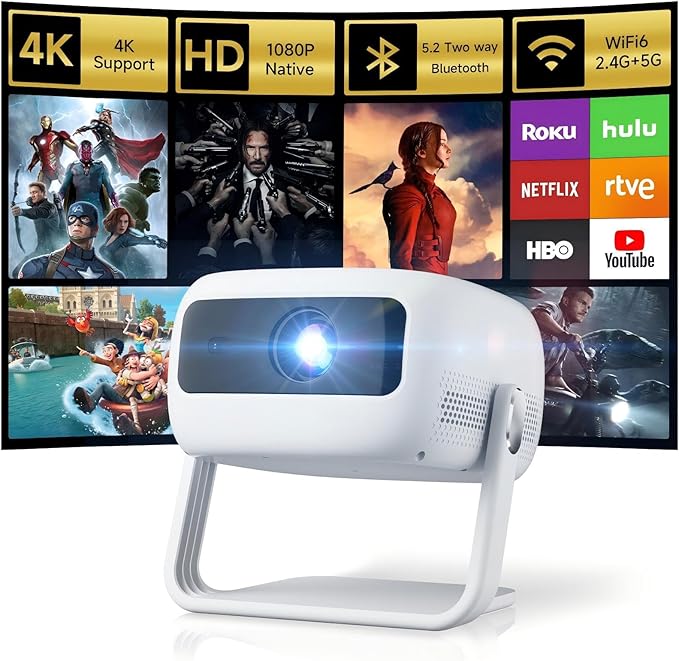 [360°Adjustable Stand] Mini Projector with WiFi and Bluetooth: Electric Focus & Auto Keystone 1080p Supported, 15000L,Multi-Device Compatible Outdoor Phone Projector - Visulapex Portable Home Theater
