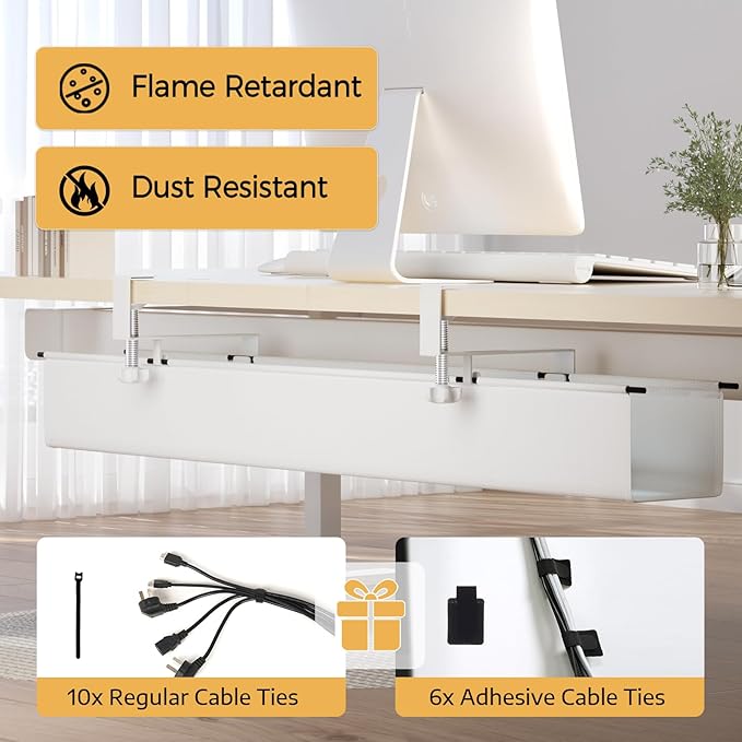Under Desk Cable Management Tray 39.7" - No Drill Computer Wire Organizer Cable Tray, Fabric Cord Hider Clamp Mount, with 16X Cable Ties PC Cables Management Cord Holder for Office/Home (White)