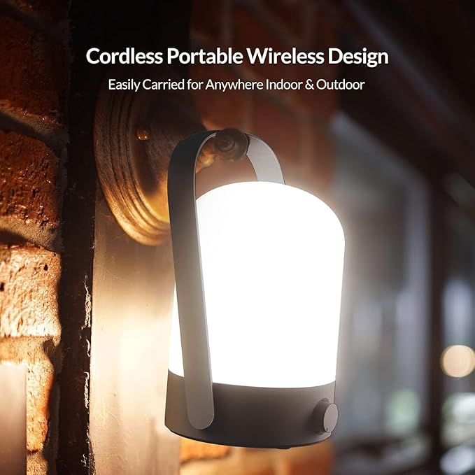 KLEAH Portable Cordless Lantern Table Lamp, 360° Portable Handle, Stepless Dimmer, Powerful Long-Lasting 50hrs, Rechargeable LED Lantern for Camping Bedroom Party, Black