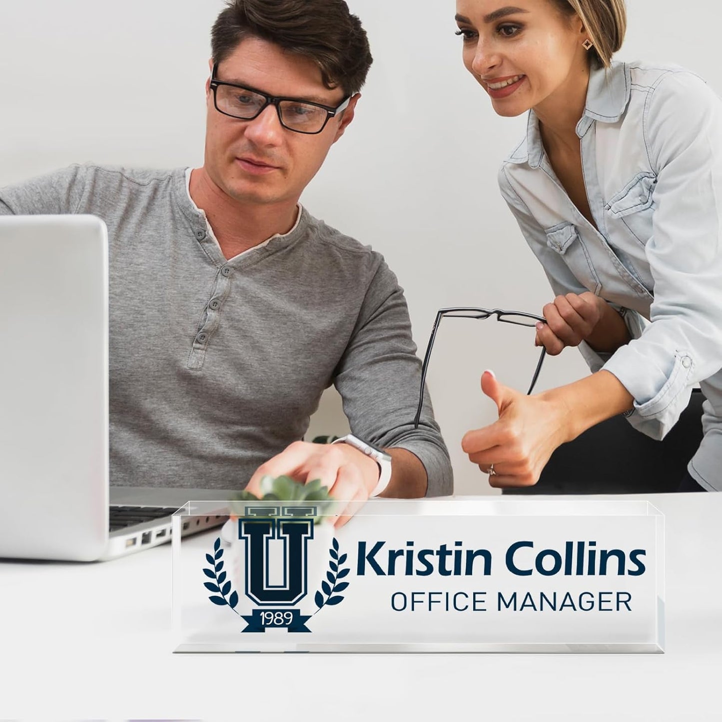 Custom Name Plate for Desk, Acrylic Office Decor For Women Men, Personalized Office Desk Accessories, Teacher Employee Appreciation Gifts For Social Worker Boss Coworkers (Logo)