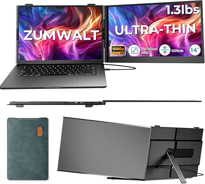 ZUMWALT Laptop Screen Extender, 14" FHD 1080P Dual Portable Monitor for Laptop, Ultra-Thin Travel Monitor Extender Fit 13”-17.3”, Plug and Play Compatible with Windows/Mac/Android/Chrome/Switch