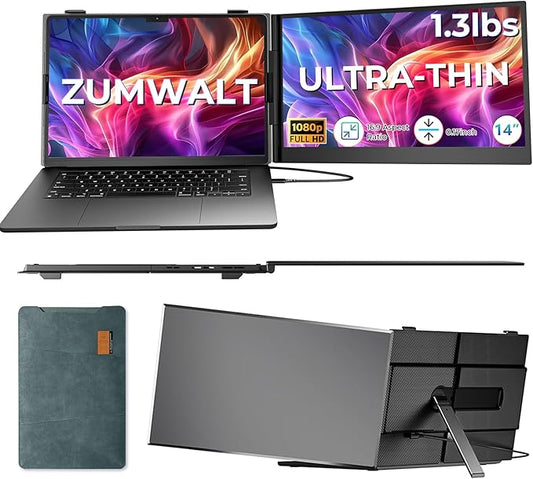 ZUMWALT Laptop Screen Extender, 14" FHD 1080P Dual Portable Monitor for Laptop, Ultra-Thin Travel Monitor Extender Fit 13”-17.3”, Plug and Play Compatible with Windows/Mac/Android/Chrome/Switch