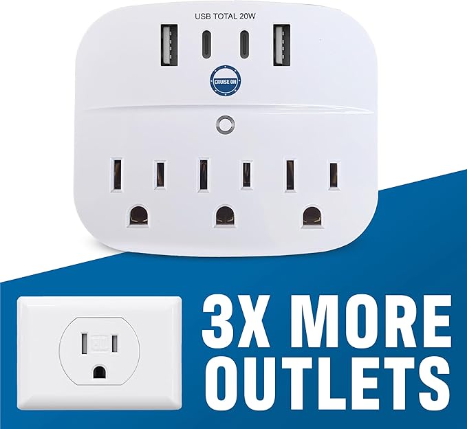 Cruise Approved Non Surge Power Strip [2 USBC, 2 USB, 3 AC] - Cruise Essentials for Carnival, Celebrity, Princess, Norwegian, MSC & Major Cruise Lines